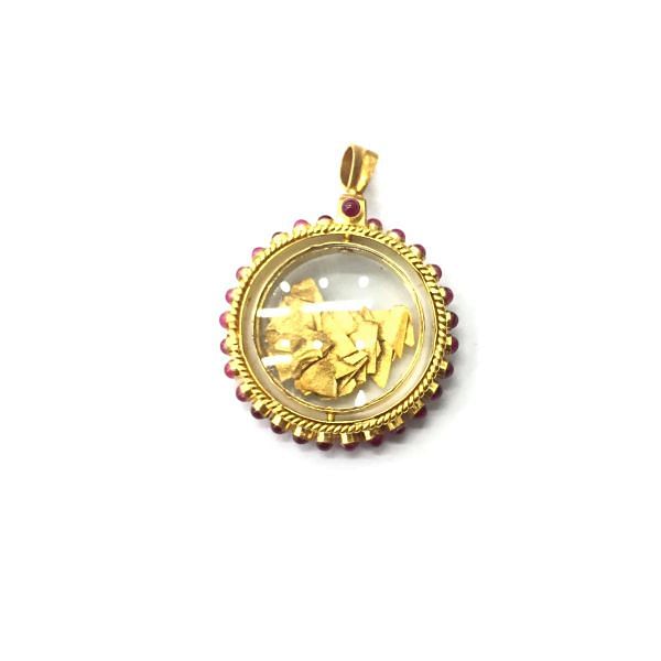  18K Solid Yellow Gold Glass Pendant, Movable glass With Ruby Stone & Diamond Studded, SGTAN-1139, Sold By 2 Pcs.