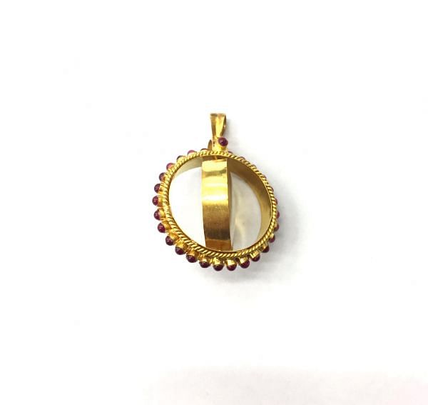  18K Solid Yellow Gold Glass Pendant, Movable glass With Ruby Stone & Diamond Studded, SGTAN-1139, Sold By 2 Pcs.