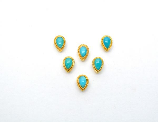 18K Solid Yellow Gold Pear Shape Bead With Turquoise Stone Studded, (6,50x4,50x5mm), SGTAN-1177, Sold By 1 Pcs.