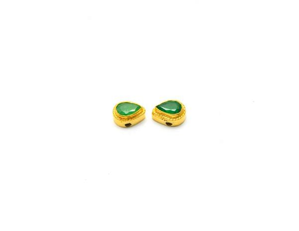 18K Solid Yellow Gold Pear Shape Bead With Emerald Stone Studded, (8x6x5mm), SGTAN-1182, Sold By 1 Pcs.