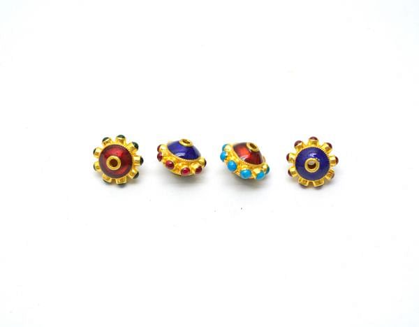 18K Solid Yellow Gold 11x8mm Round Shape Bead With Natural Multi Stone, SGTAN-1184, Sold By 1 Pcs.