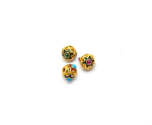 18K Solid Yellow Gold Enamel Bead With Natural Emerald, Turquoise & Ruby Stone- Ball Shape And 7x7mm, SGTAN-1186, Sold By 1 Pcs.