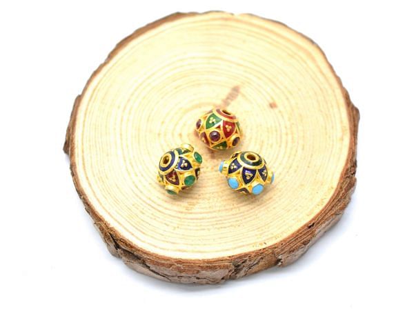 18K Solid Yellow Gold  Round Shape Enamel Bead-10x8mm With Natural Multi Stone, SGTAN-1188, Sold By 1 Pcs.