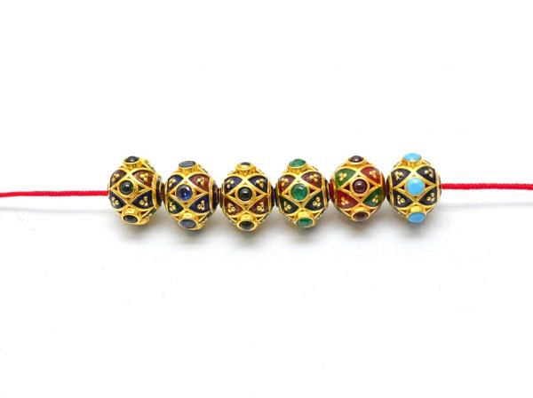 18K Solid Yellow Gold  Round Shape Enamel Bead-10x8mm With Natural Multi Stone, SGTAN-1188, Sold By 1 Pcs.