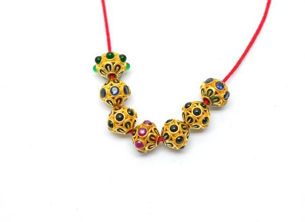 18K Solid Yellow Gold Round Shape Enamel Bead (9x7,5mm) With Natural Multi Stone, SGTAN-1189, Sold By 1 Pcs.