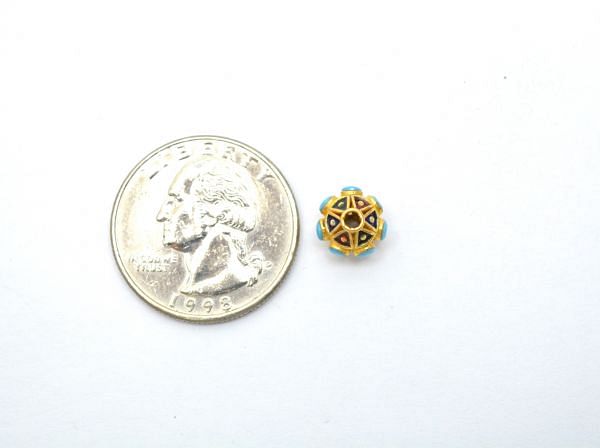 18K Solid Yellow Gold  Multi Stone Studded Round Shape Enamel Bead- 8x7,5mm, SGTAN-1191, Sold By 1 Pcs.