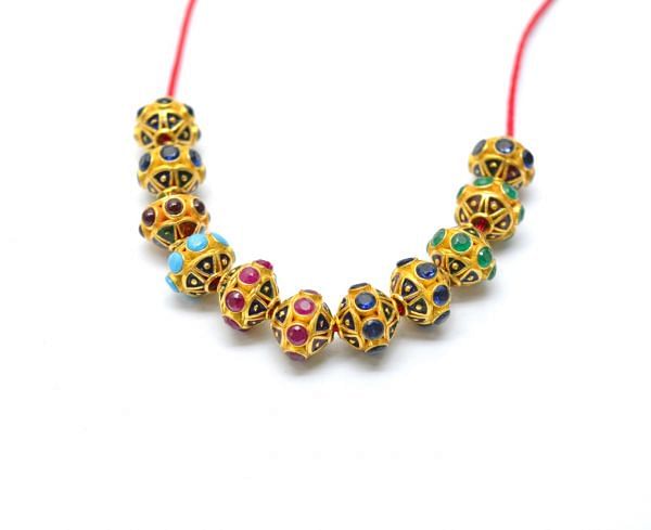 18K Solid Yellow Gold  Multi Stone Studded Round Shape Enamel Bead- 8x7,5mm, SGTAN-1191, Sold By 1 Pcs.