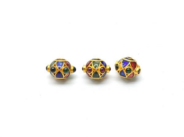 18K Solid Yellow Gold Round Shape 10x8mm  Enamel Bead With Natural Emerald & Ruby Stone,  SGTAN-1192, Sold By 1 Pcs.
