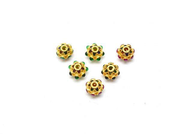 18K Solid Yellow Gold Emerald & Ruby Stone Studded  9x7,5mm Enamel Bead- Round Shape, SGTAN-1193, Sold By 1 Pcs.