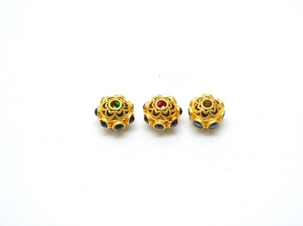 18K Solid Yellow Gold Enamel Bead With Natural Emerald, Sapphire & Ruby Stone- Round Shape And 7x9mm, SGTAN-1194, Sold By 1 Pcs.