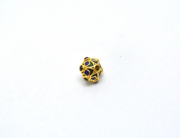 18K Solid Yellow Gold  Round Shape Enamel Bead-10x8mm With Natural Multi Stone, SGTAN-1195, Sold By 1 Pcs.