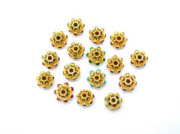 18K Solid Yellow Gold Round Shape Enamel Bead (9x7,5mm) With Natural Multi Stone, SGTAN-1196, Sold By 1 Pcs.