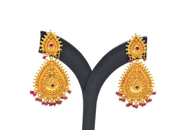  18K Solid Yellow Gold Earring With Ruby Stone Studded- Pear Shape, SGTAN-1215, Sold By 1 Pcs.