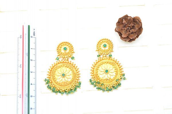 18K Solid Yellow Gold Earring-  Round Shape And Emerald Stone Studded, SGTAN-1216, Sold By 1 Pcs.