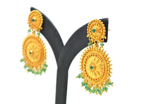18K Solid Yellow Gold Earring-  Round Shape And Emerald Stone Studded, SGTAN-1216, Sold By 1 Pcs.