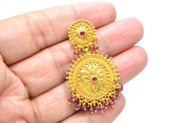 18K Solid Yellow Gold Earring With Natural Ruby Stone Studded In Round Shape , SGTAN-1217, Sold By 1 Pcs.