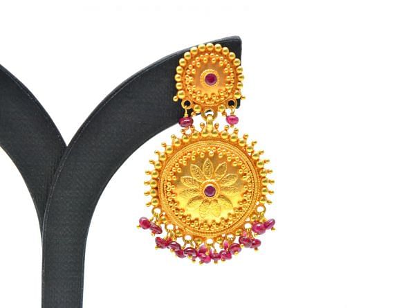 18K Solid Yellow Gold Earring With Natural Ruby Stone Studded In Round Shape , SGTAN-1217, Sold By 1 Pcs.