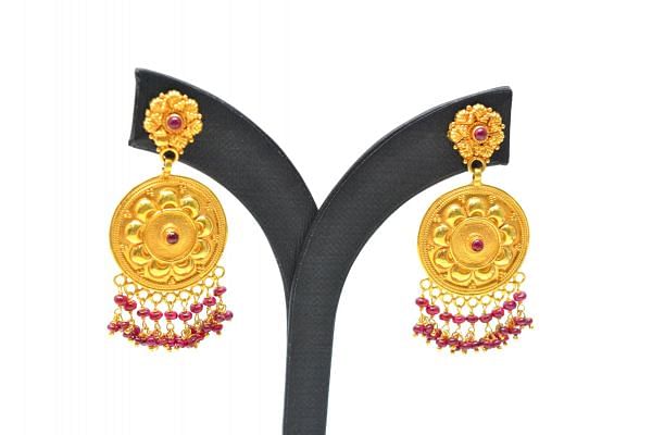 18K Solid Yellow Gold Earring-  Round Shape And Ruby Stone Studded, SGTAN-1221, Sold By 1 Pcs.