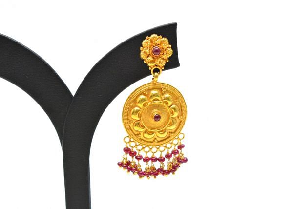 18K Solid Yellow Gold Earring-  Round Shape And Ruby Stone Studded, SGTAN-1221, Sold By 1 Pcs.