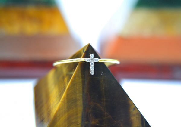 14K Solid Yellow Gold Diamond Stone Studded In Jesus Cross Shape Ring(Size- 7 No), SGTAN-1289, Sold By 1 Pcs.
