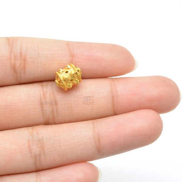 18K Solid Yellow Gold Drum Shape Fancy Textured Finished, 9X7mm Bead, SGTAN-0021, Sold By 1 Pcs.