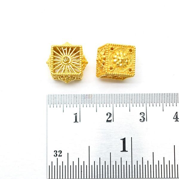 18K Solid Yellow Gold Cube Shape Fancy Textured Finished, 9X9mm Bead, SGTAN-0025, Sold By 1 Pcs.