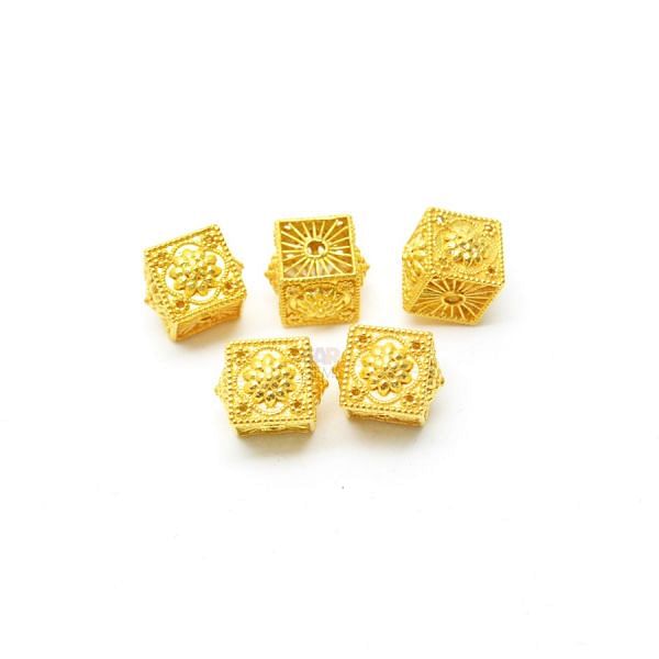 18K Solid Yellow Gold Cube Shape Fancy Textured Finished, 9X9mm Bead, SGTAN-0025, Sold By 1 Pcs.