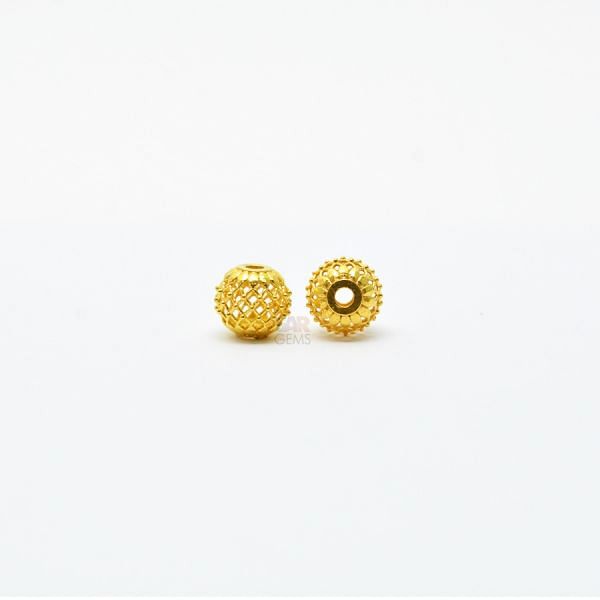 18K Solid Yellow Gold Round Ball Shape Plain Net Finished 6,60X7,0mm Bead, SGTAN-0056, Sold By 1 Pcs.