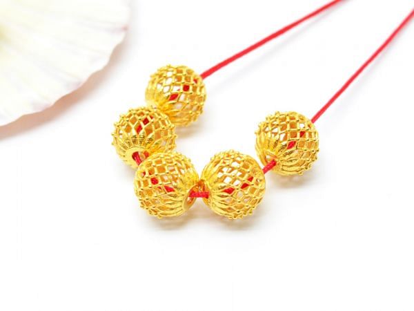 18K Solid Yellow Gold Round Ball Shape Plain Net Finished 8,0X9,0mm Bead, SGTAN-0062, Sold By 1 Pcs.
