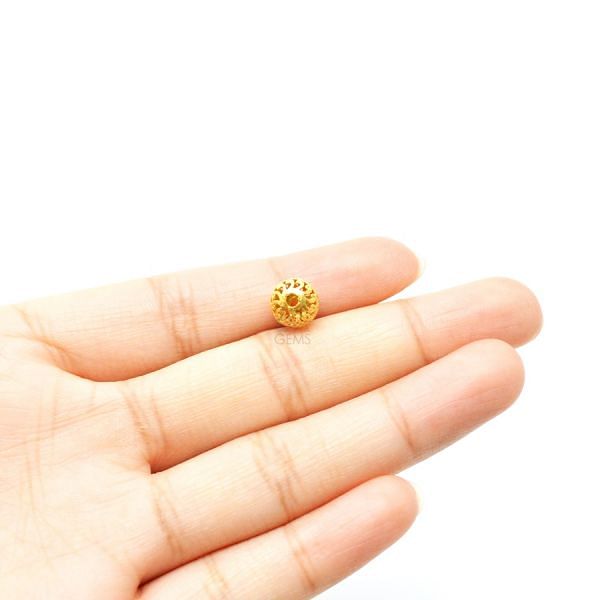 18K Solid Yellow Gold Round Ball Shape Plain Net Finished 7,5X7,5mm Bead, SGTAN-0064, Sold By 1 Pcs.
