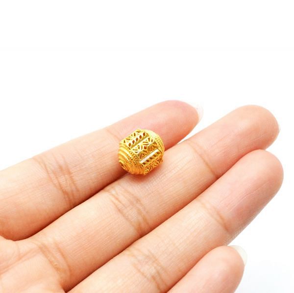 18K Solid Yellow Gold Drum Shape Plain Textured Finishing 11X9mm Bead, SGTAN-0166, Sold By 1 Pcs.