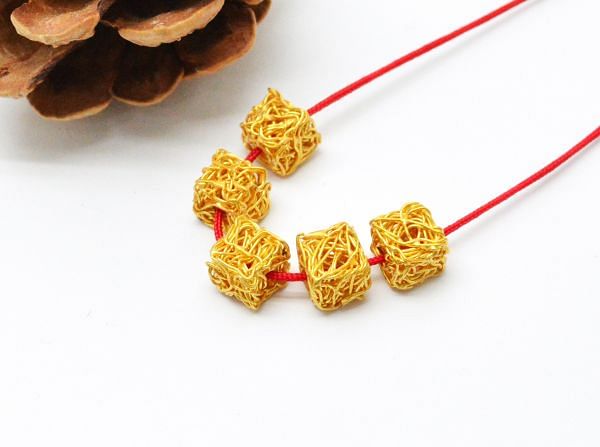 18K Solid Yellow Gold Cube Net Shape Wire Plain Finishing 6mm Bead, SGTAN-0202, Sold By 1 Pcs.