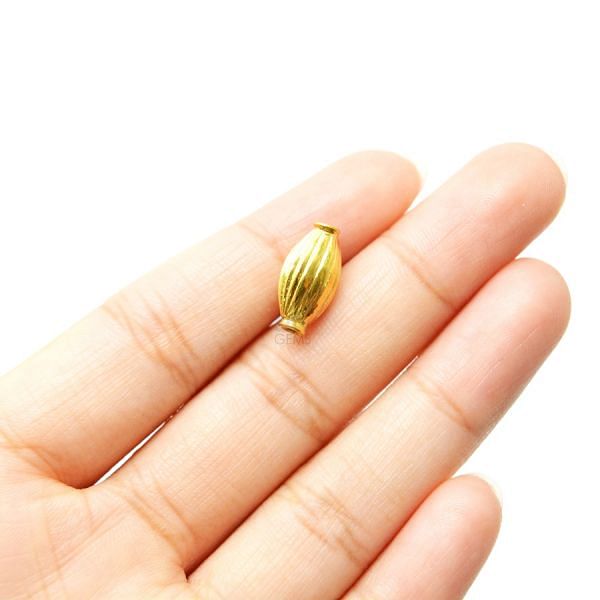 18K Solid Yellow Gold Rice Drum Shape Plain Lining Finishing 14X7mm Bead, SGTAN-0281, Sold By 1 Pcs.