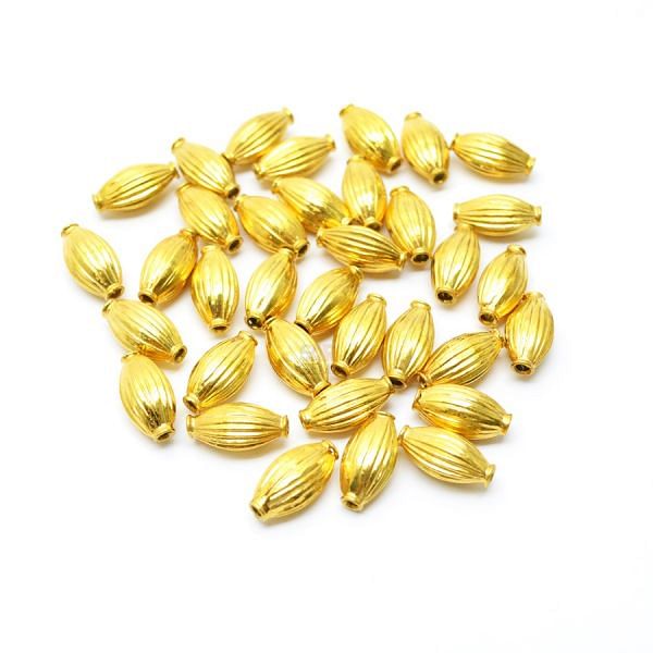 18K Solid Yellow Gold Rice Drum Shape Plain Lining Finishing 14X7mm Bead, SGTAN-0281, Sold By 1 Pcs.