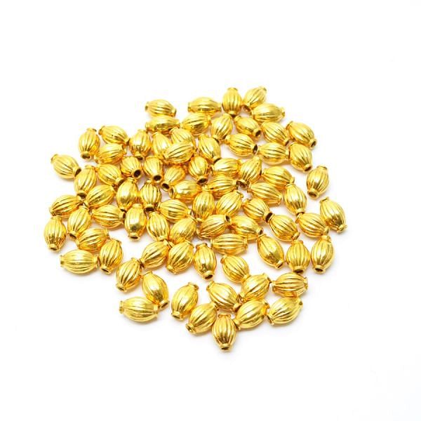 18K Solid Yellow Gold Rice Drum Shape Plain Lining Finishing 9X6mm Bead, SGTAN-0285, Sold By 1 Pcs.