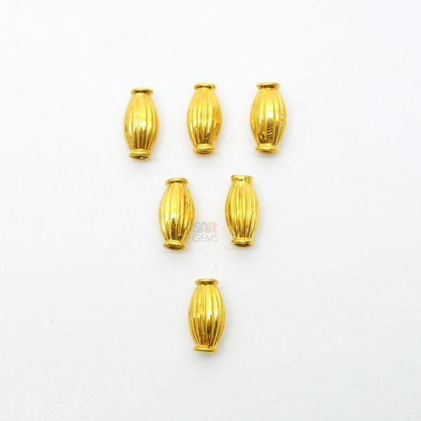 18K Solid Yellow Gold Rice Drum Shape Plain Lining Finishing 9X5mm Bead, SGTAN-0287, Sold By 1 Pcs.