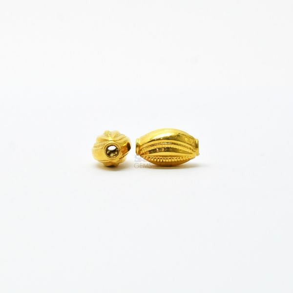 18K Solid Yellow Gold Rice Drum Shape Plain Lining Finishing 12X8X7mm Bead, SGTAN-0288, Sold By 1 Pcs.