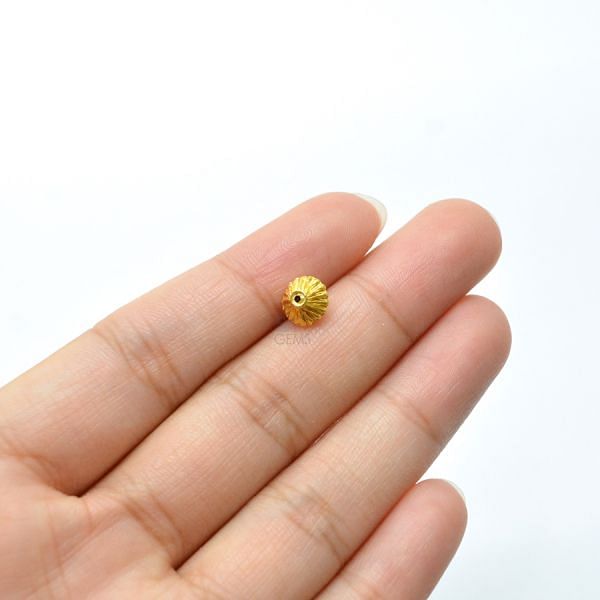 18K Solid Yellow Gold Drum Shape Plain Lining Finishing 7X6mm Bead, SGTAN-0297, Sold By 2 Pcs.