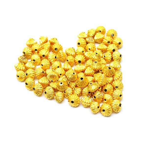 18K Solid Yellow Gold Drum Shape Plain Lining Finishing 7X6mm Bead, SGTAN-0297, Sold By 2 Pcs.