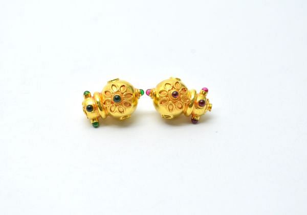 18K Solid Yellow Gold Fancy Shape 20X12X15 Gold Bead With Stone Studded, SGTAN-0562, Sold By 1 Pcs.