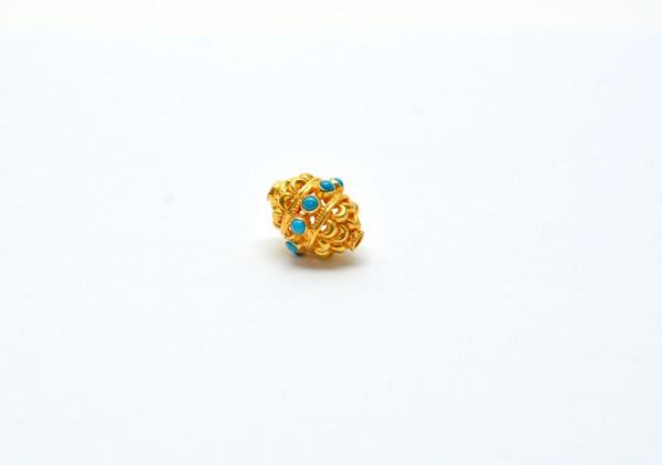 18K Solid Yellow Gold Roundel Shape Bead With Turquoise, Hydro Sapphire , Hydro Emerald , Hydro Ruby in 15X12mm Size, SGTAN-0577, Sold By 1 Pcs.