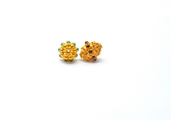 18K Solid Yellow Gold Roundel Shape, 14X12 mm Gold Bead With Stone Studded, SGTAN-0578, Sold By 1 Pcs.
