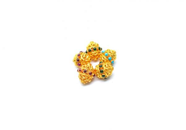 18K Solid Yellow Gold Roundel Shape, 14X12 mm Gold Bead With Stone Studded, SGTAN-0578, Sold By 1 Pcs.