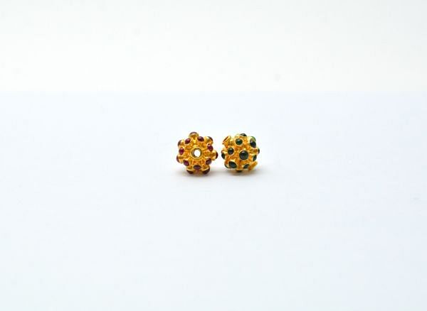 18K Solid Yellow Gold Round Shape 11X10,5 mm Bead With Stone Studded, SGTAN-0583, Sold By 1 Pcs.
