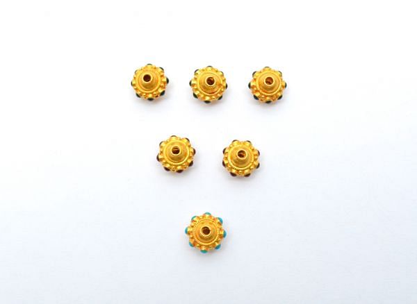 18K Solid Yellow Gold Roundel Shape 10X9 mm Bead With Stone, SGTAN-0591, Sold By 1 Pcs.