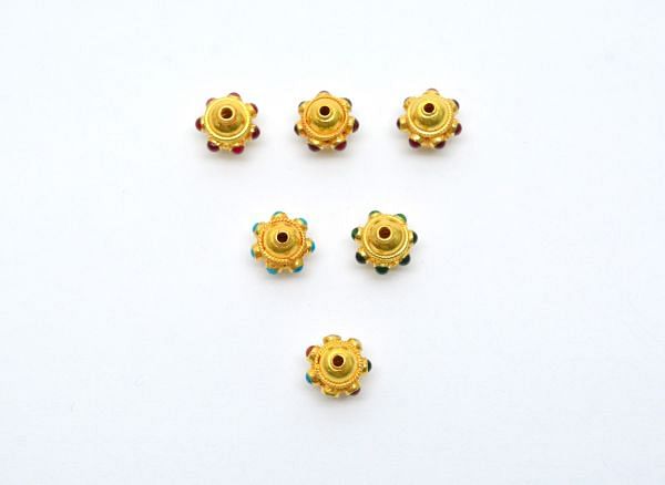 18K Solid Yellow Gold Roundel Shape 11X10,5mm Bead With Stone, SGTAN-0593, Sold By 1 Pcs.