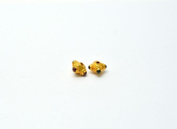 18K Solid Yellow Gold Roundel Shape 7X9mm Handmade Bead With Stone Studded, SGTAN-0598, Sold By 1 Pcs.