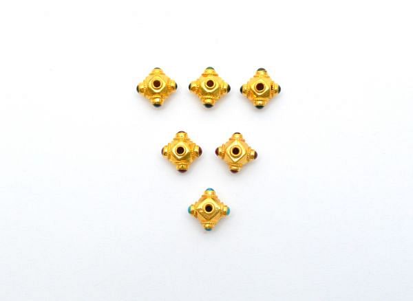 18K Solid Yellow Gold Roundel Shape 7X9mm Handmade Bead With Stone Studded, SGTAN-0598, Sold By 1 Pcs.