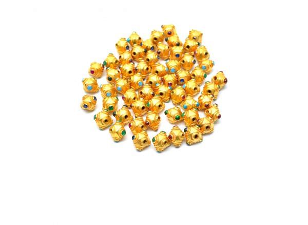 18K Solid Yellow Gold Handmade Roundel Shape 8X9 mm Bead With Stone Studded, SGTAN-0597, Sold By 1 Pcs.