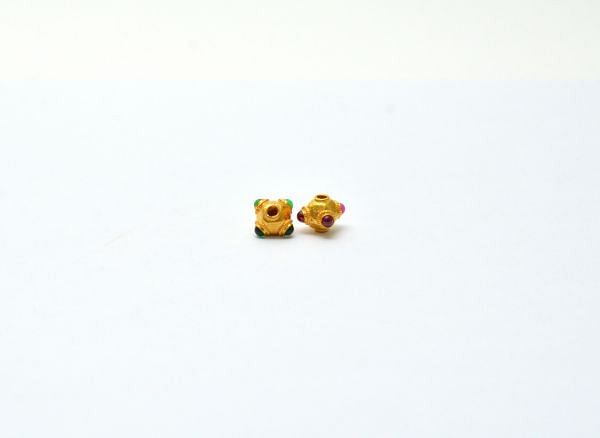 18K Solid Yellow Gold Roundel Shape 8X7 mm Bead With Stone Studded, SGTAN-0600, Sold By 1 Pcs.